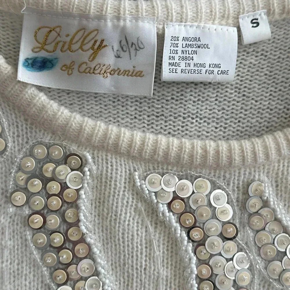 Vintage Sequins Sweater Womens Small Cream Lily of California Fuzzy Soft Top - Picture 13 of 14
